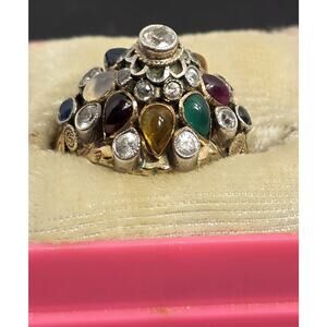 Vintage 14k Yellow Gold Thai Princess Ring W/ Multi-Colored Stones Ring Sz 6.25
